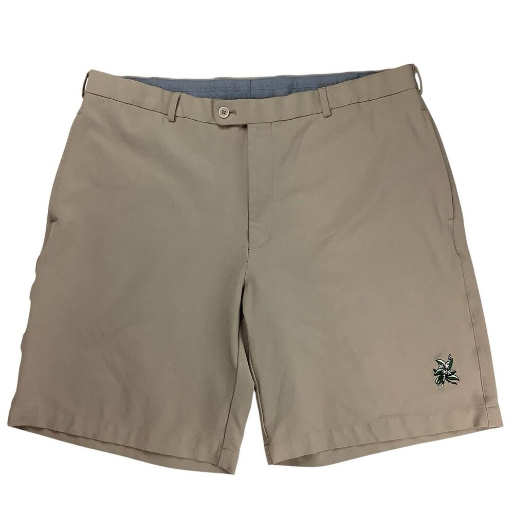 Peter Millar Golf Bermuda Shorts Men's 38 Beige Khaki Tan Embroidered Flat Front